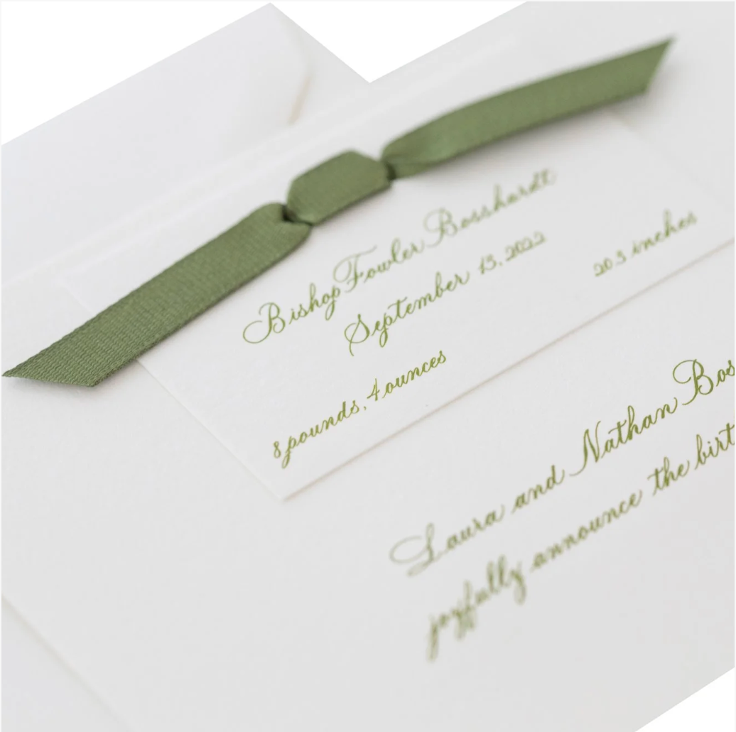 Bishop Birth Announcement (Custom Calligraphy, Ribbon)