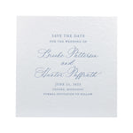 A white letterpress save the date card with blind debossed floral patterns, announcing the wedding of Brooke Patterson and Hunter Paffrath on June 21, 2025, in Oxford, Mississippi. Formal invitation to follow.