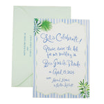 A wedding invitation with blue stripes, tropical leaf designs, and elegant custom hand calligraphy reads: Let’s Celebrate! Please save the date for our wedding in Boca Grande, Florida on April 13, 2024. An addressed envelope sits behind it.