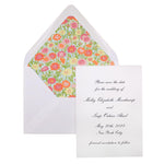 A white engraved card with elegant script rests against a white envelope lined with a floral pattern. This personalized paper details a wedding in New York City on May 20th, 2023—a perfect save the date for your special day.