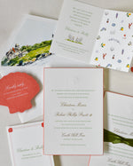 Collection of wedding invitations with various designs on a light gray background