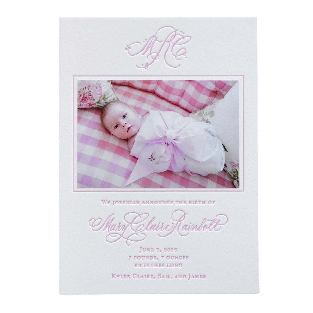 Mary Claire Birth Announcement (Custom Calligraphy Name and Monogram)