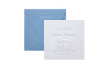 A blue envelope and a white, textured wedding letterpress save the date card with elegant script text announce the wedding of Kaitlin Alexander and Kyle Glimes on February 27, 2021, in Lake Wales, Florida.