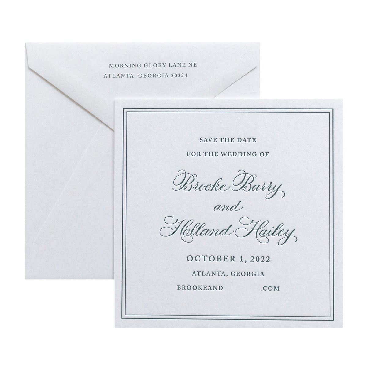 A square white letterpress card with elegant script font announces the wedding of Brooke Barry and Holland Hailey on October 1, 2022, in Atlanta, Georgia. An addressed envelope sits behind this stylish save the date.