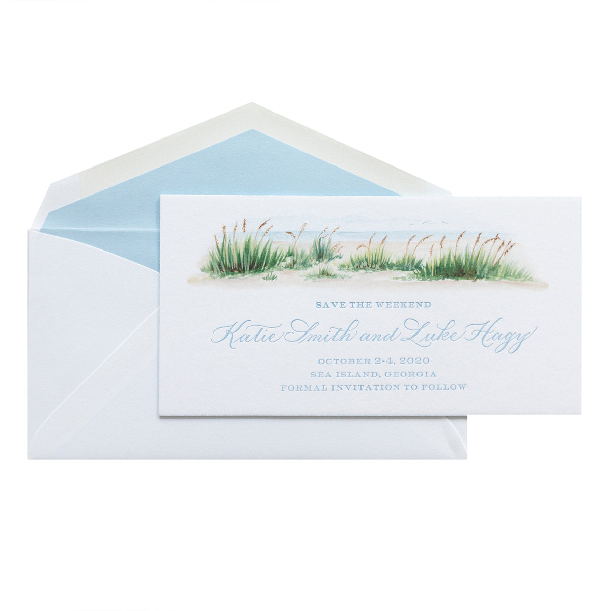 A watercolor save the date card and envelope featuring grass and sea motifs. This personalized stationery announces “Katie Smith and Luke Heagy, October 2–4, 2020, Sea Island, Georgia. Formal invitation to follow.”.