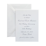 A white engraved card with elegant gray script text announces Carol and Frank Mersani’s 70th wedding anniversary and 90th birthdays celebration on September 25, 2021, in Tampa, Florida, beside a matching envelope.